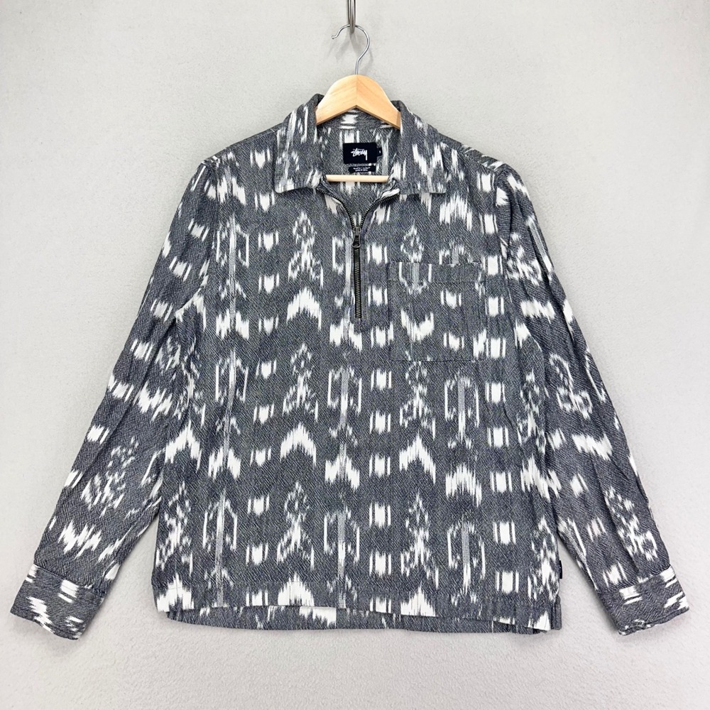 Stussy 1/2 Zip Shirt Adult Small Grey Aztec Retro Abstract Long‎ Sleeve Flannel